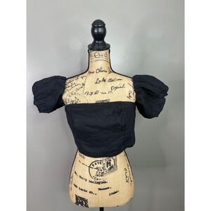 Loft beach linen black crop top  puff off shoulder size medium resortwear travel
